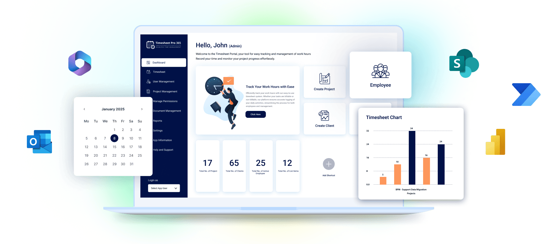 Timesheet Pro 365 Dashboard – Interactive, real-time overview of time tracking, project status, and team productivity for efficient management and reporting.