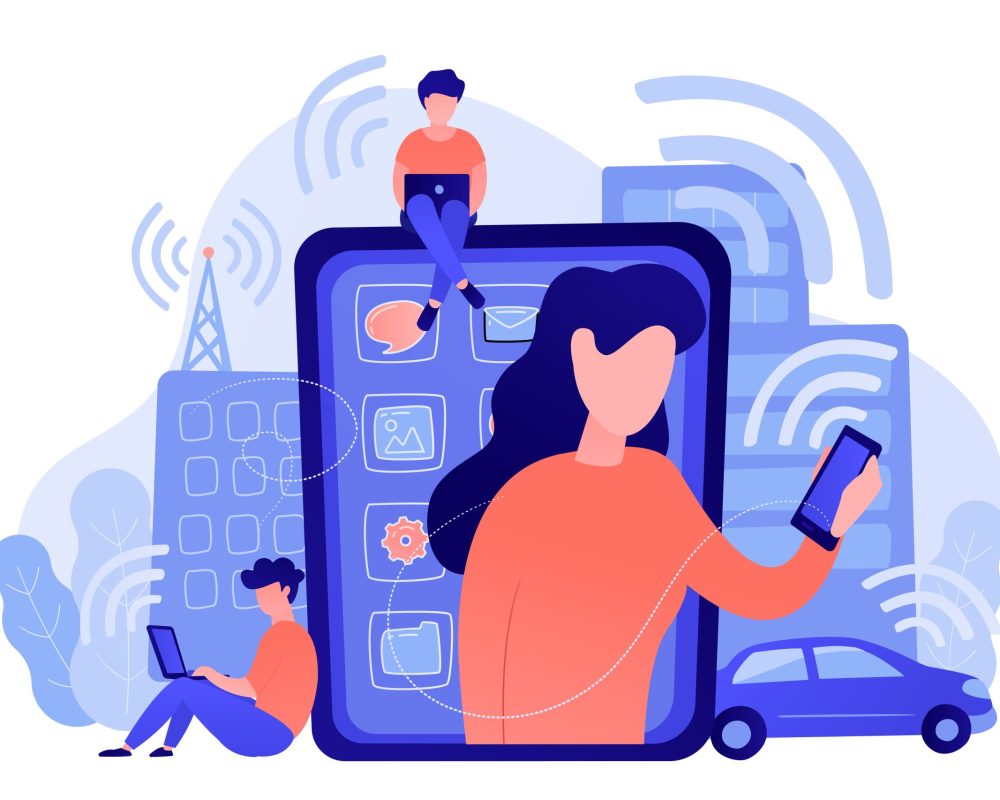 Radio fields influence concept vector illustration. People using different electronic devices such as smartphone, laptop, tablet. Radio fields, electromagnetic pollution, radiation concept, pinkish coral blue palette. Vector illustration on white background.